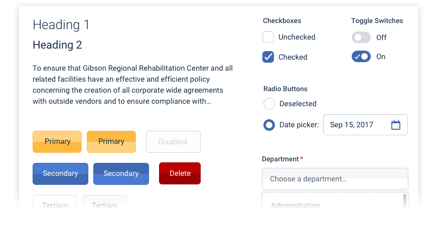 A style guide containing buttons, form fields, fonts, and colors.