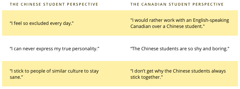 Table showing how me watched up points from the Chinese students' stories with points from the Canadian students' perspectives.